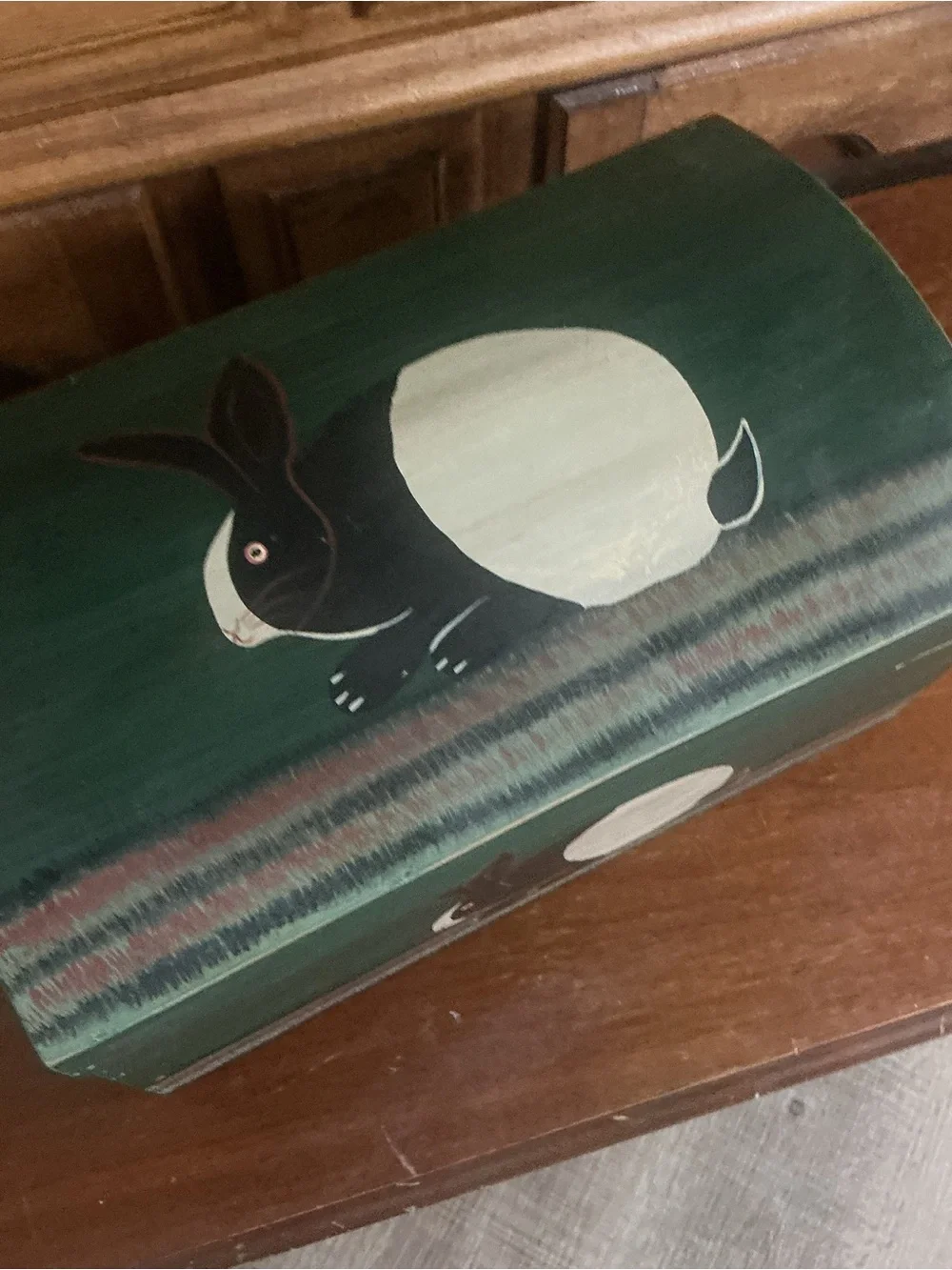 Vintage Warren Kimble Wooden Box Folk Art Green Trunk Bunny Rabbit Keepsake 12